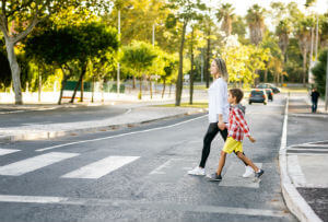 crosswalk scene mom and son