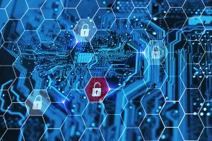 circuit board with data breach icons